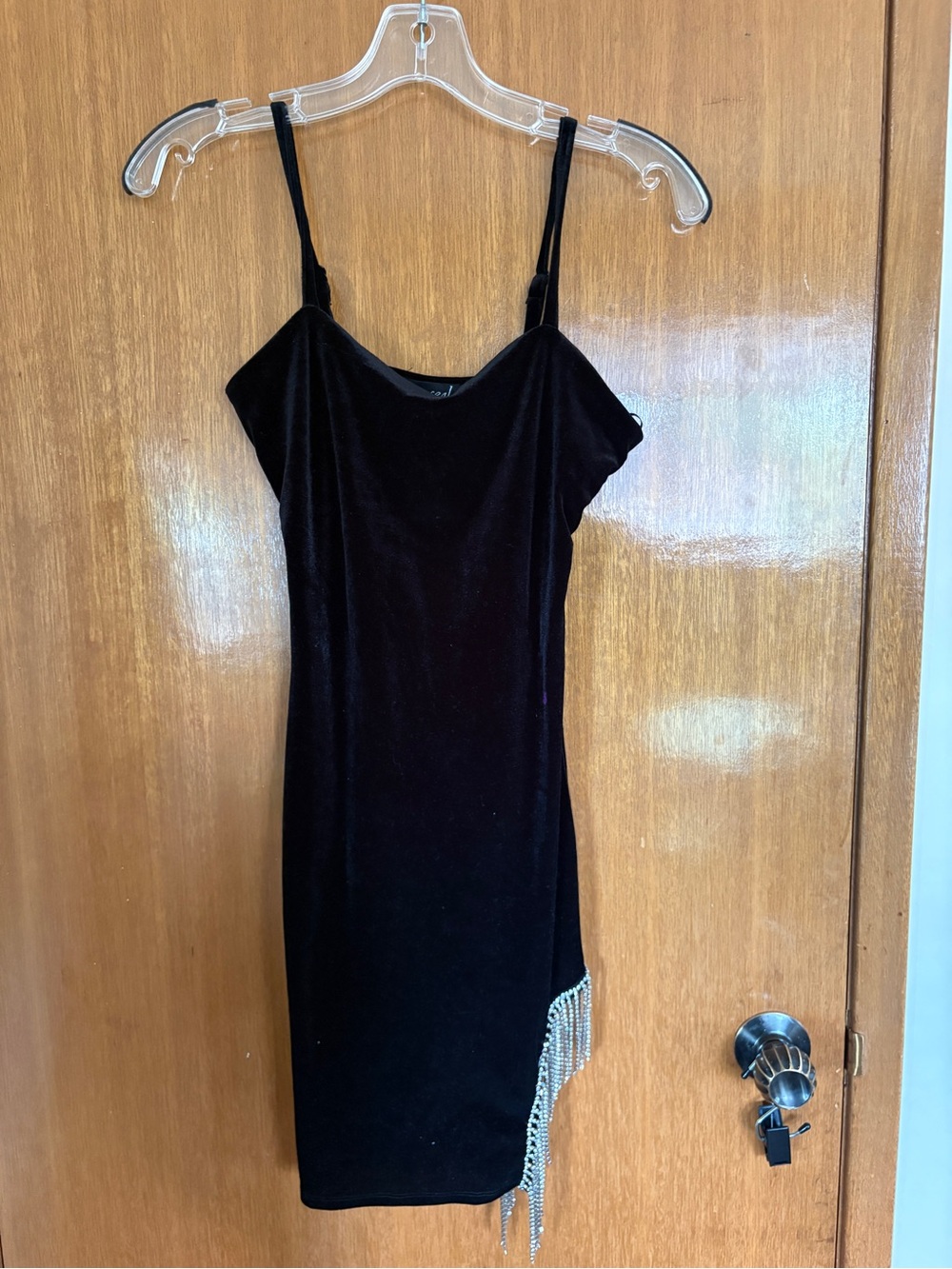 Black Velvet Mini Dress with Rhinestone Fringe